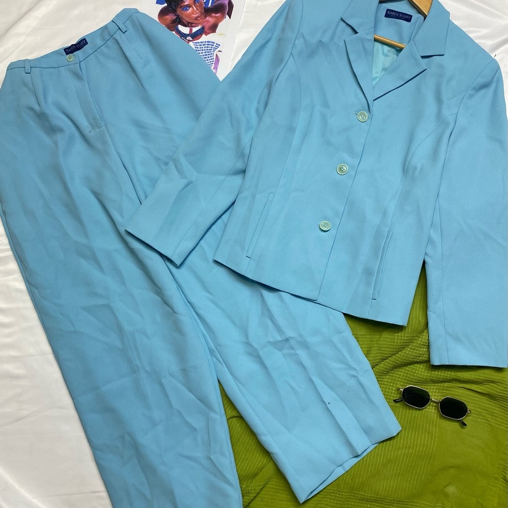 Karen Scott Sky Blue Blazer and Pants Set